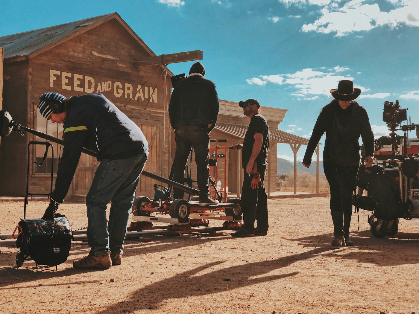 A professional film crew on location